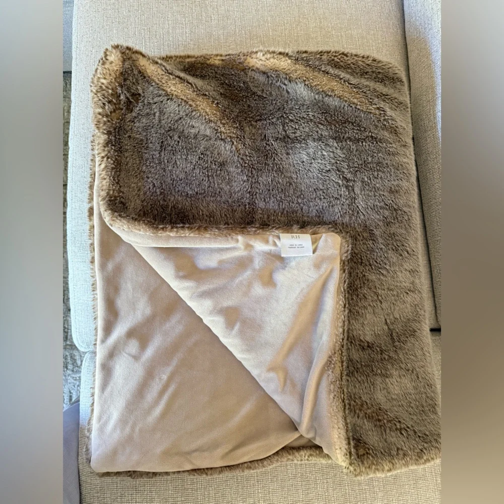 Restoration Hardware Plush Faux Fur Reversible Throw Blanket - Taupe